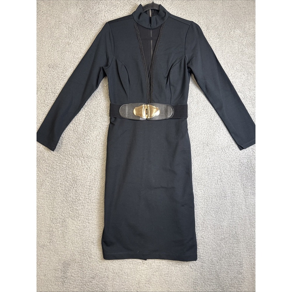 Venus Dress Black Womens Size Medium Long Sleeve Sheer Belted Midi Sexy Cocktail